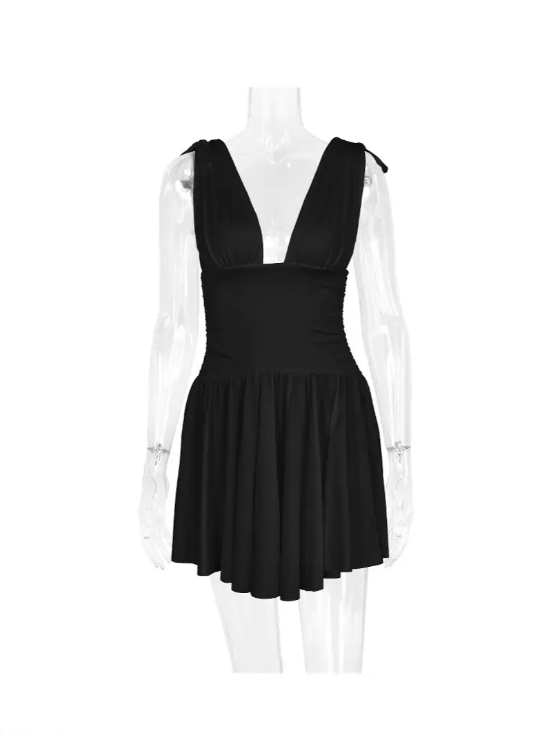 Black Pleated V-Back Summer Skirt for Women