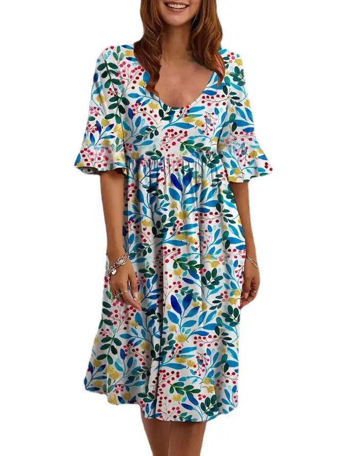 Multicolor Printed Crewneck Dress for Women - Image 10