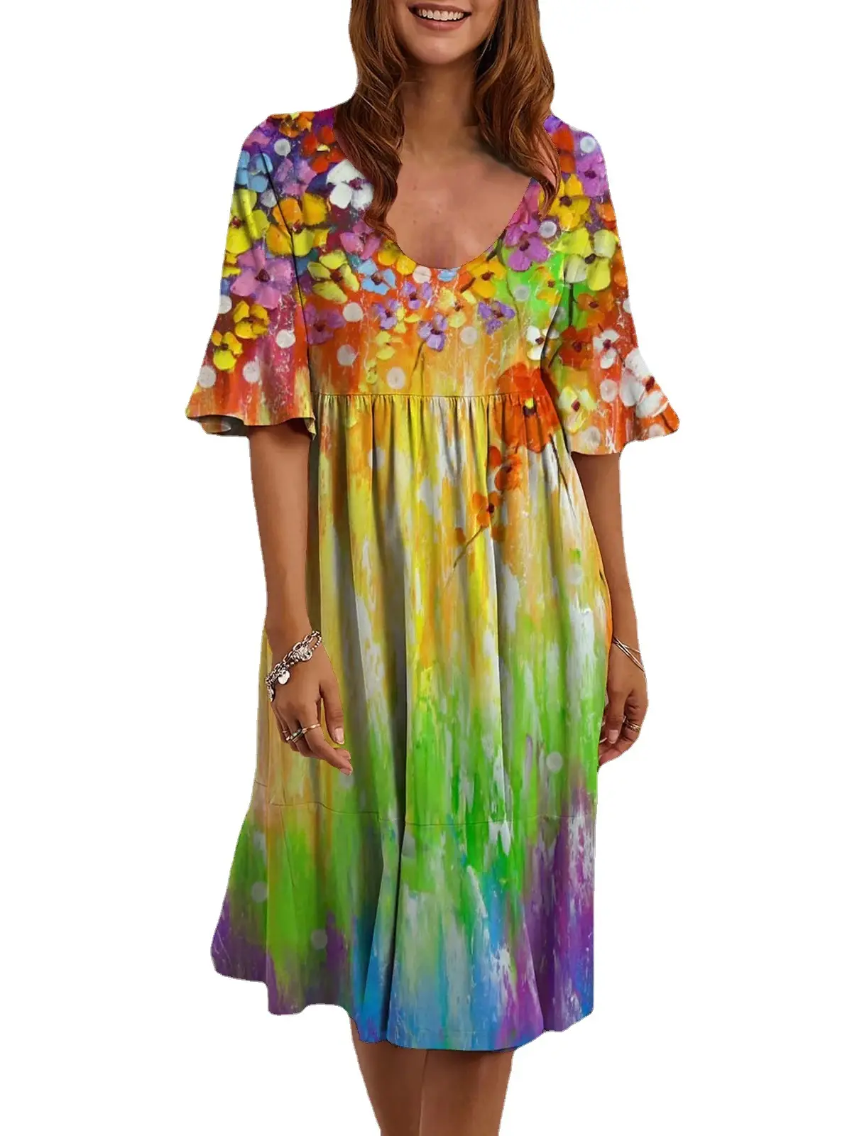 Multicolor Printed Crewneck Dress for Women - Image 12