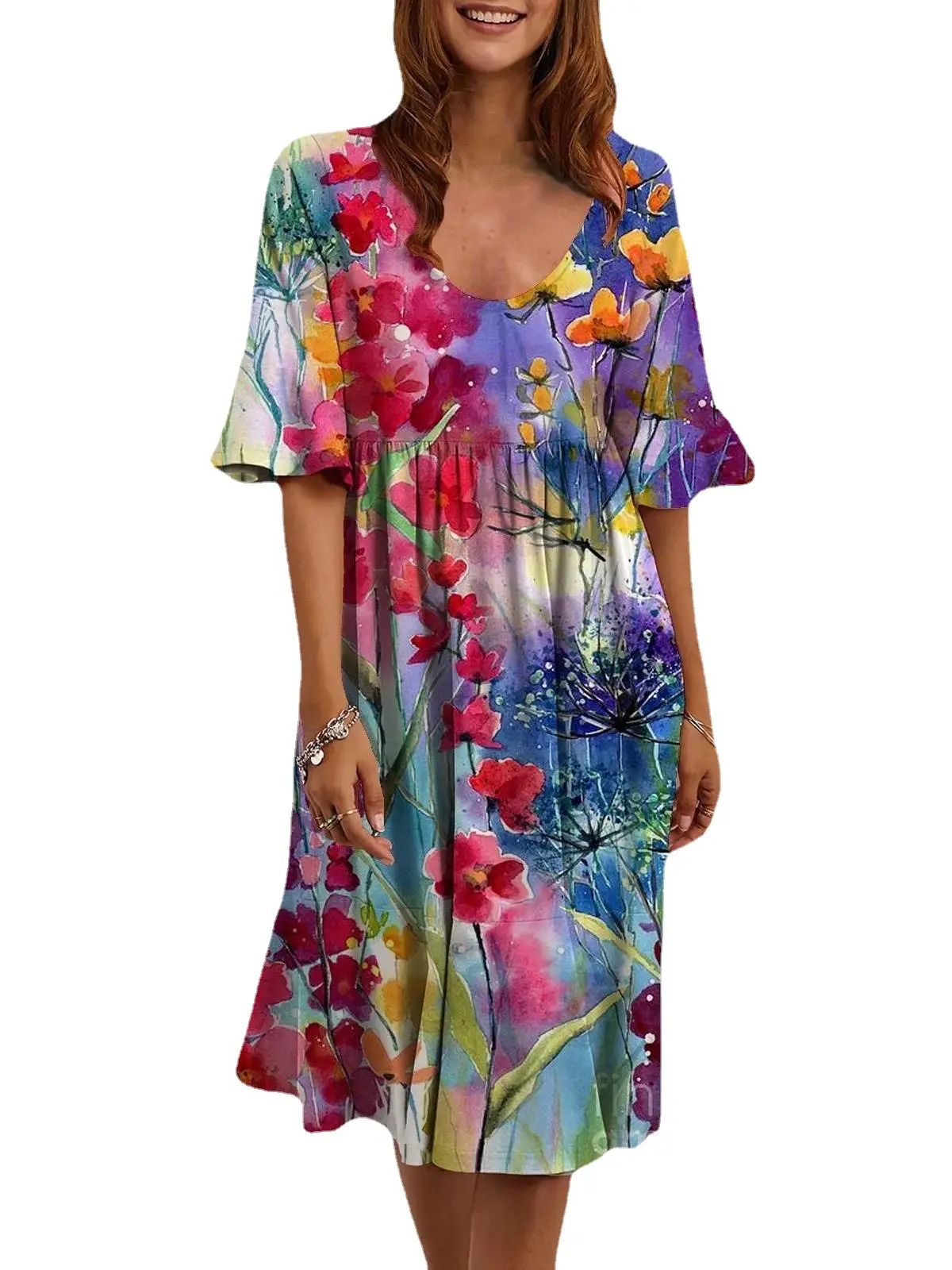 Multicolor Printed Crewneck Dress for Women - Image 13