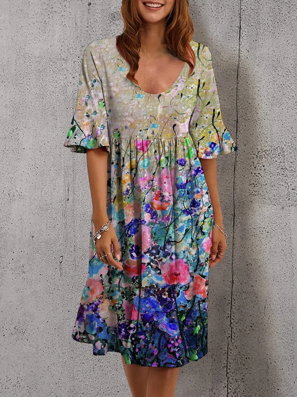 Multicolor Printed Crewneck Dress for Women - Image 2