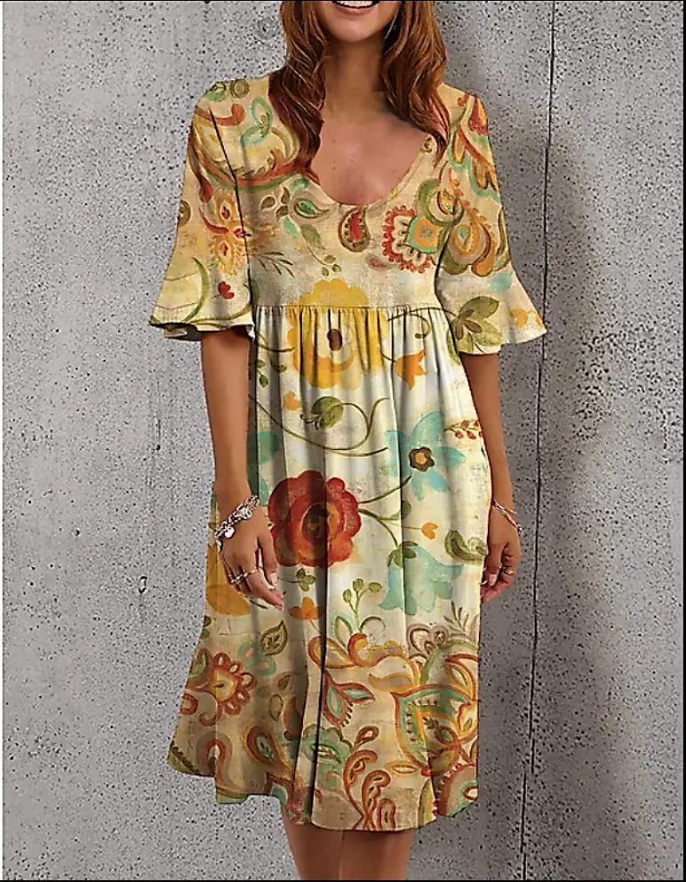 Multicolor Printed Crewneck Dress for Women - Image 3