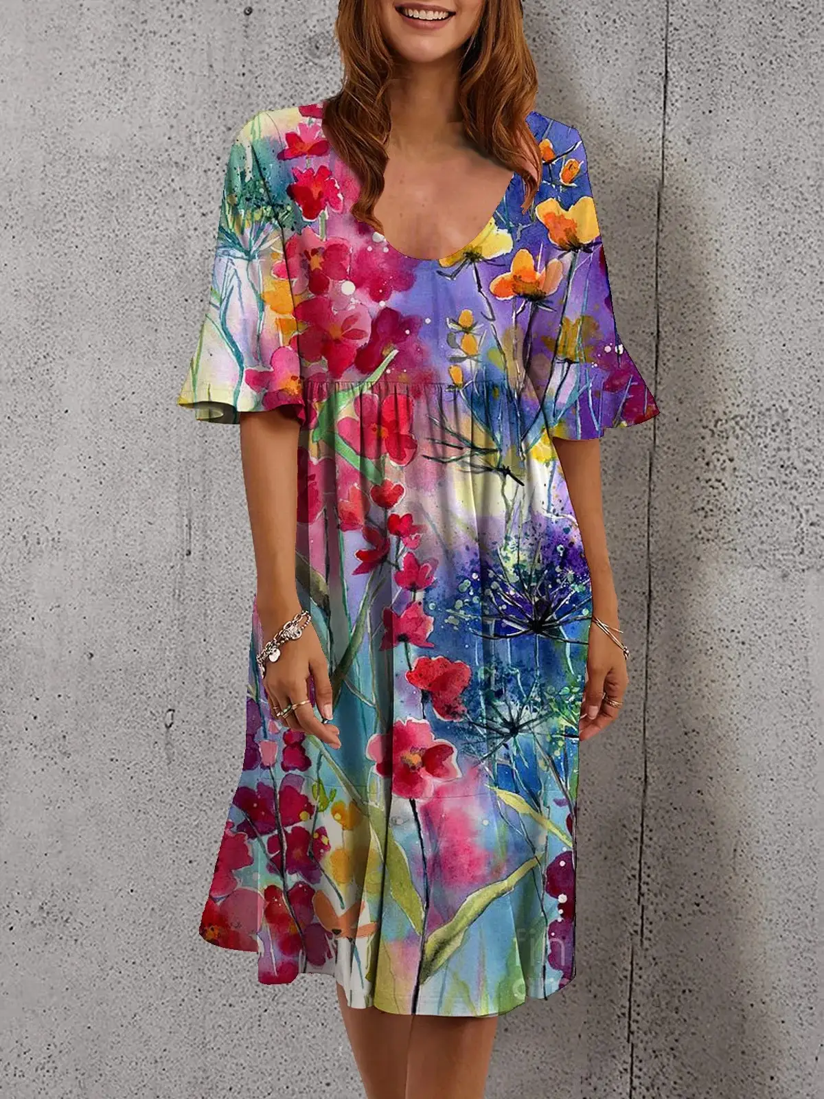 Multicolor Printed Crewneck Dress for Women - Image 4