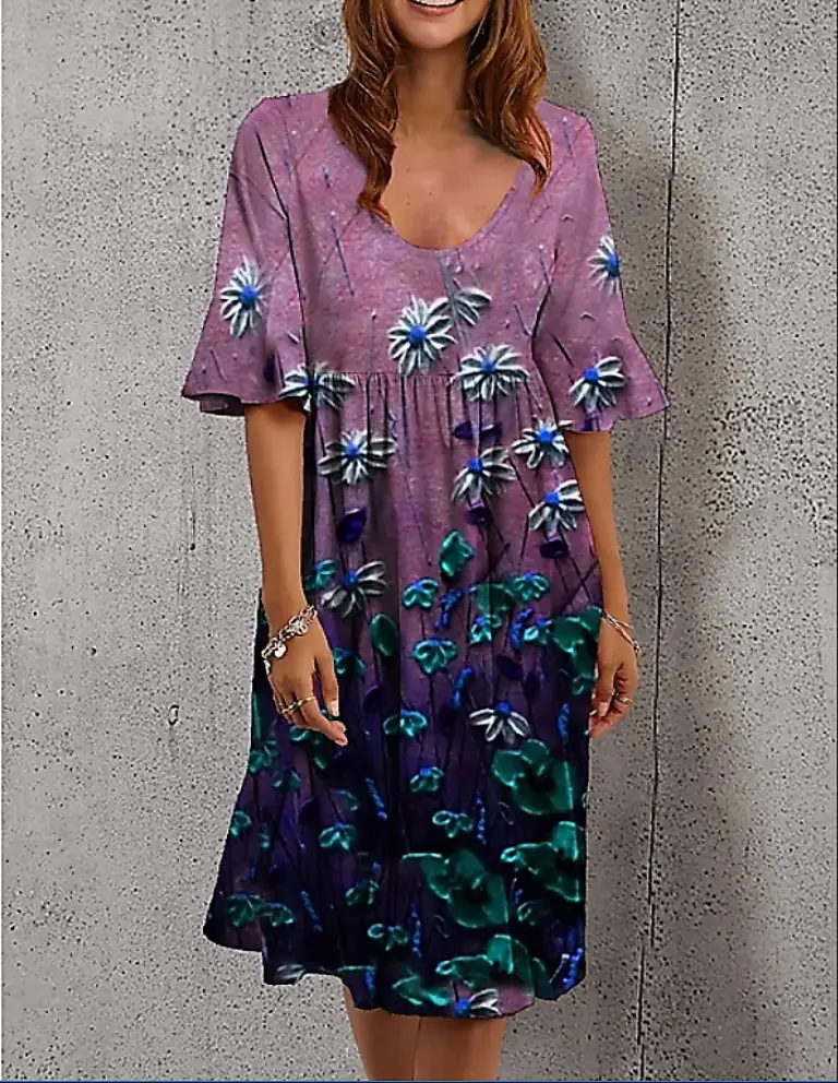 Multicolor Printed Crewneck Dress for Women - Image 5