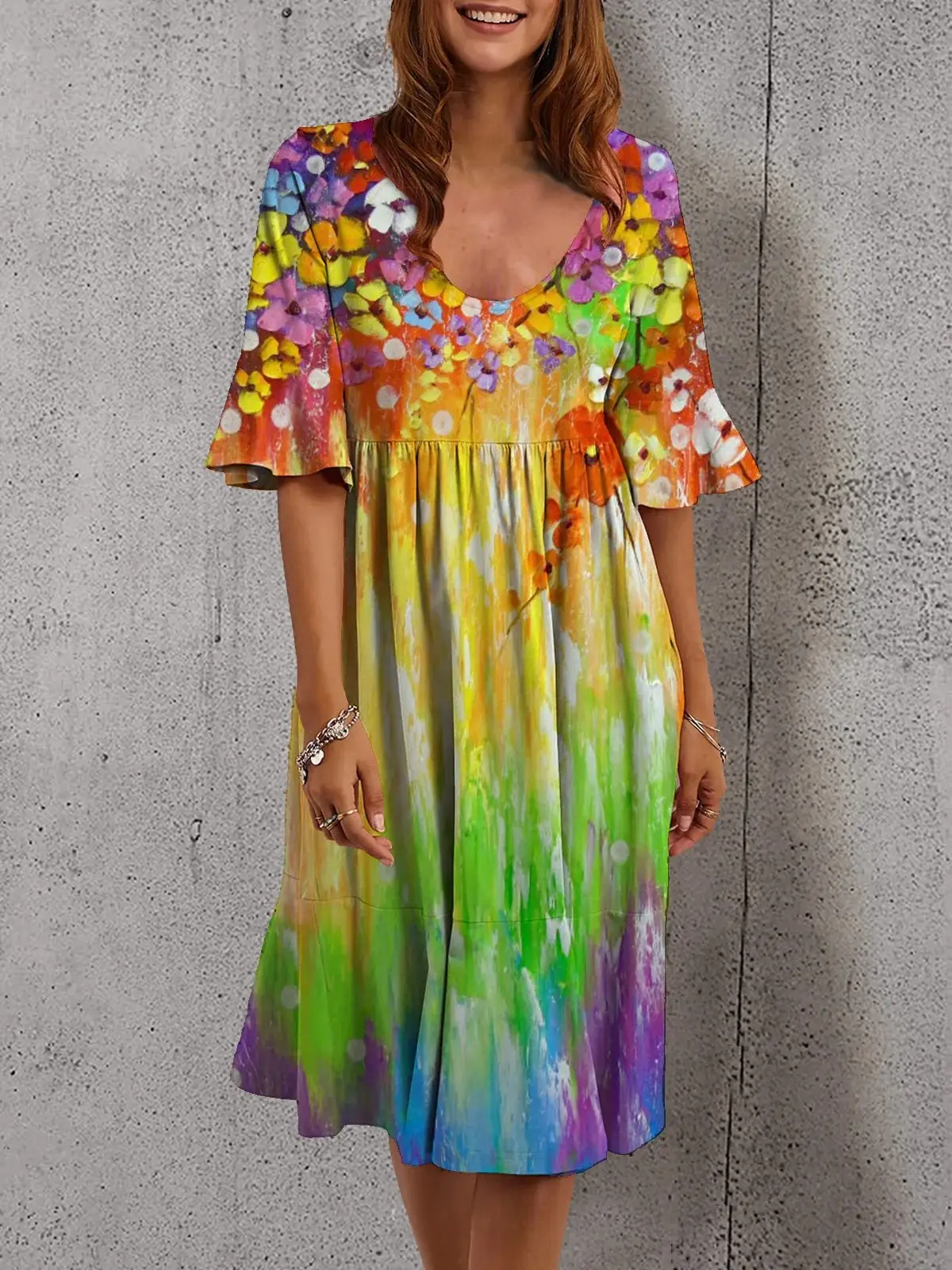 Multicolor Printed Crewneck Dress for Women - Image 8