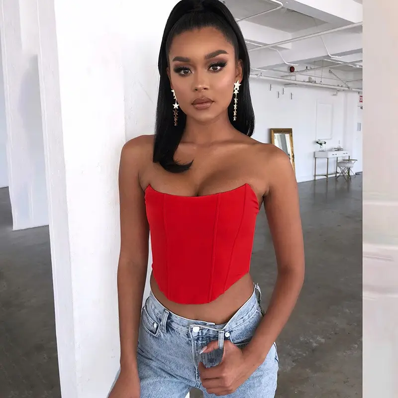 Women's Red Strapless Navel Neck Top Slim Fit - Image 7