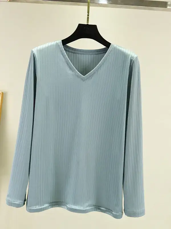 Women Grey V-Neck Long Sleeve T-Shirt - Image 10