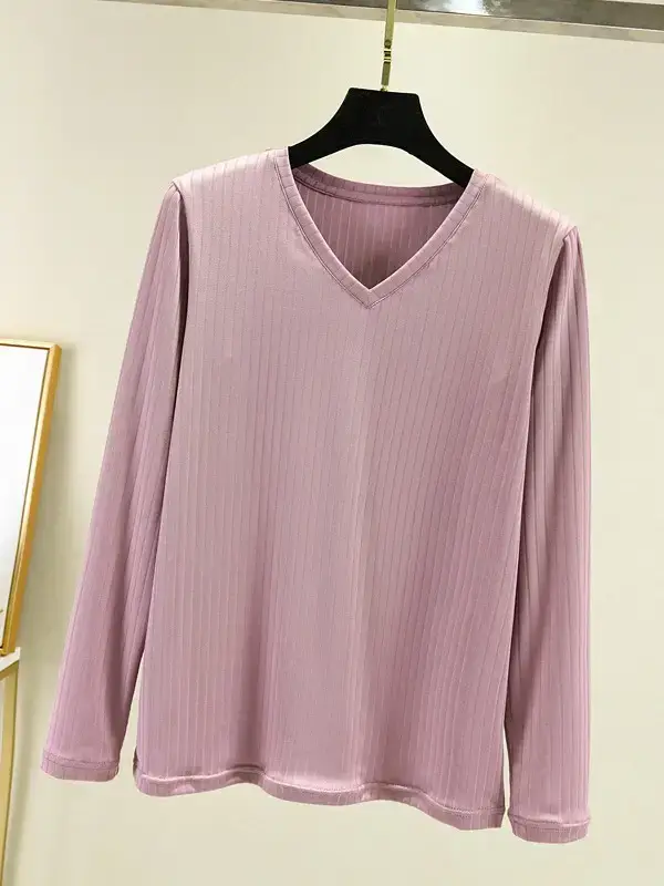 Women Grey V-Neck Long Sleeve T-Shirt - Image 11
