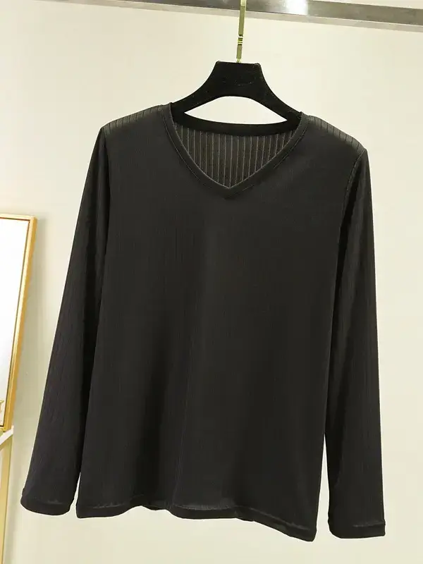 Women Grey V-Neck Long Sleeve T-Shirt - Image 12