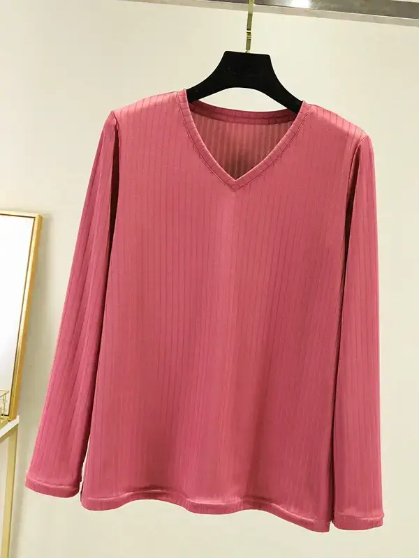 Women Grey V-Neck Long Sleeve T-Shirt - Image 13