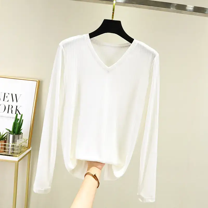 Women Grey V-Neck Long Sleeve T-Shirt - Image 2