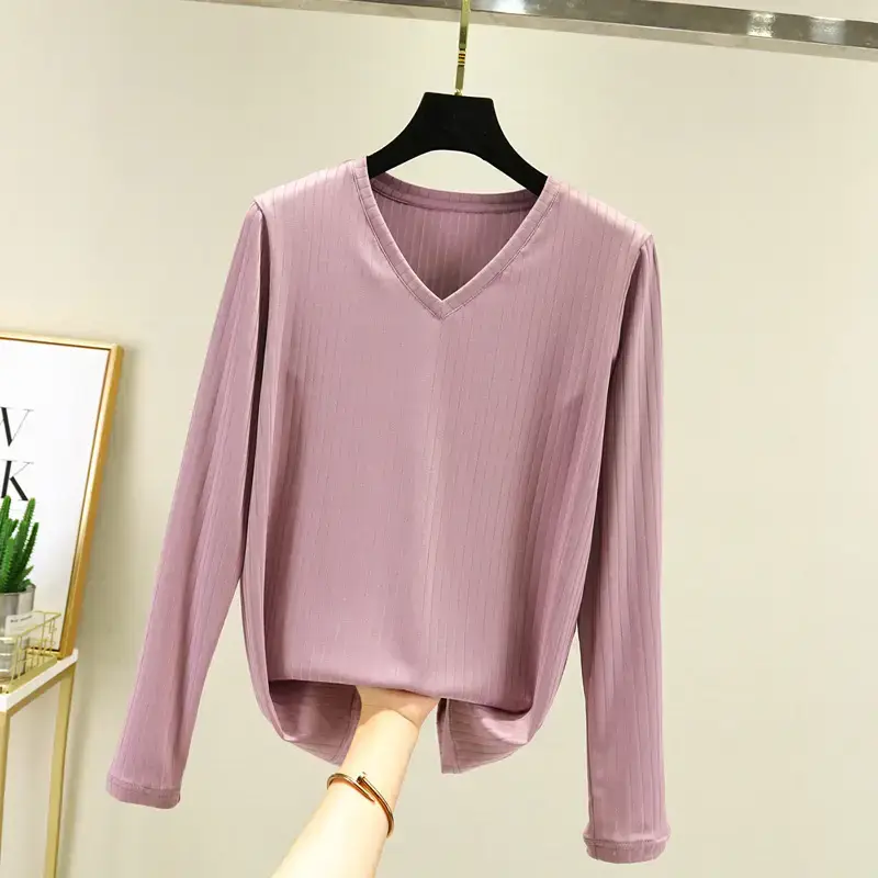 Women Grey V-Neck Long Sleeve T-Shirt - Image 3