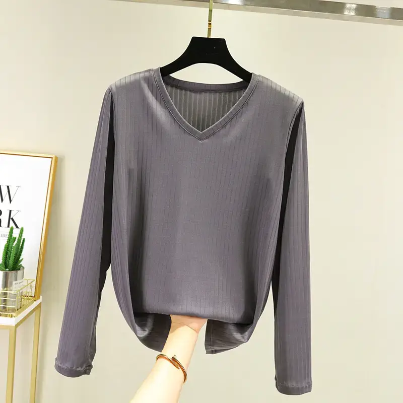 Women Grey V-Neck Long Sleeve T-Shirt - Image 7