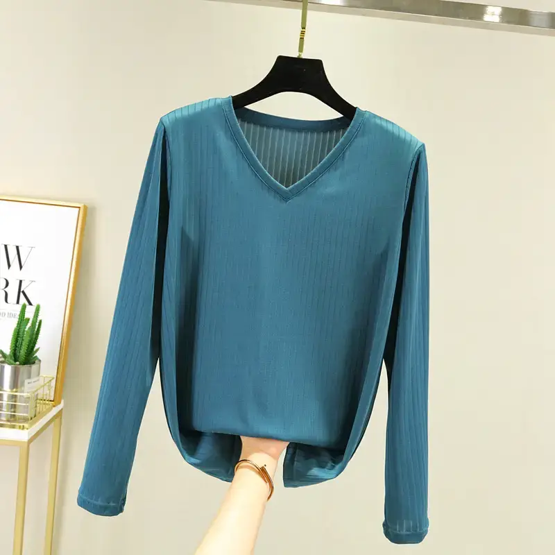 Women Grey V-Neck Long Sleeve T-Shirt - Image 8