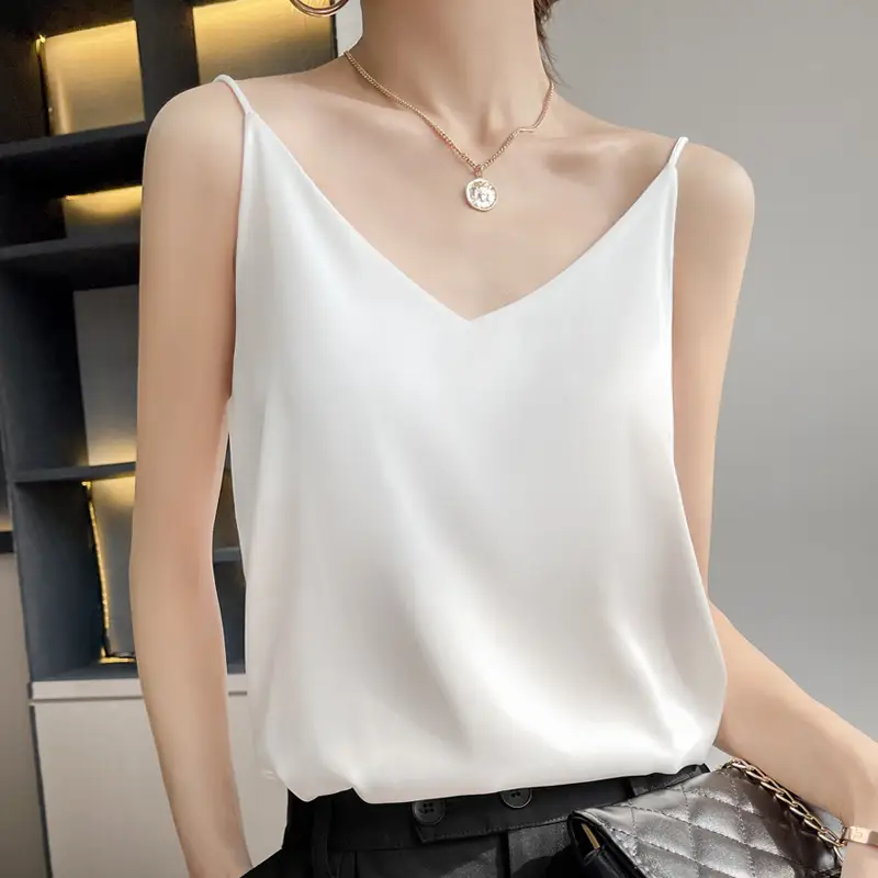 Women's White Satin V-Neck Camisole with Silk Bottom - Image 13