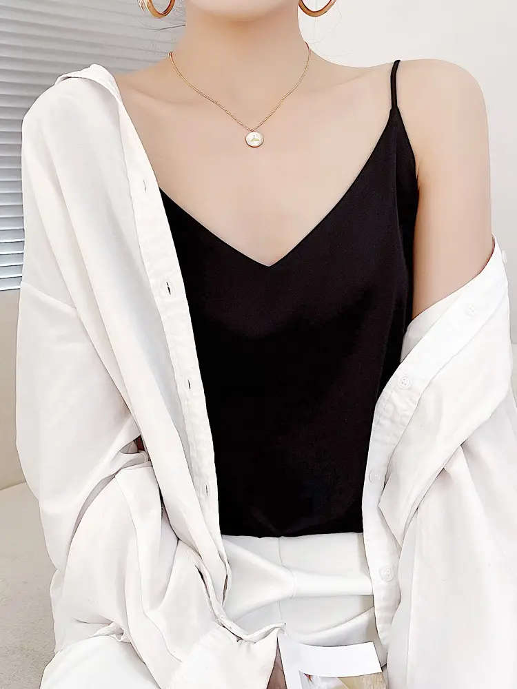 Women's White Satin V-Neck Camisole with Silk Bottom - Image 2