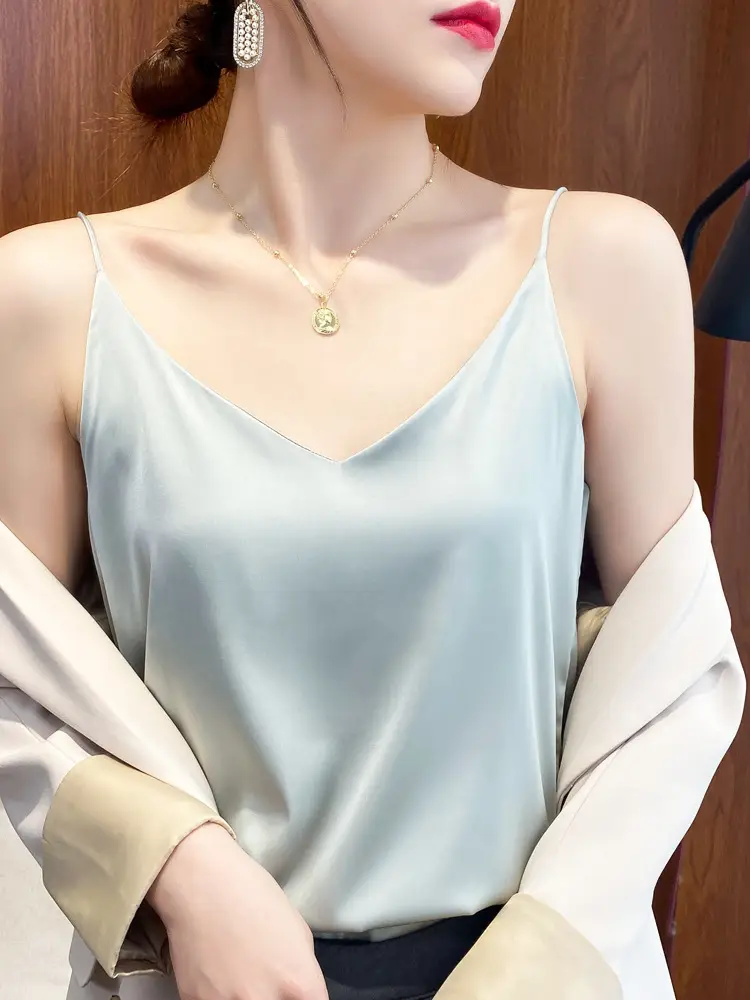Women's White Satin V-Neck Camisole with Silk Bottom - Image 5