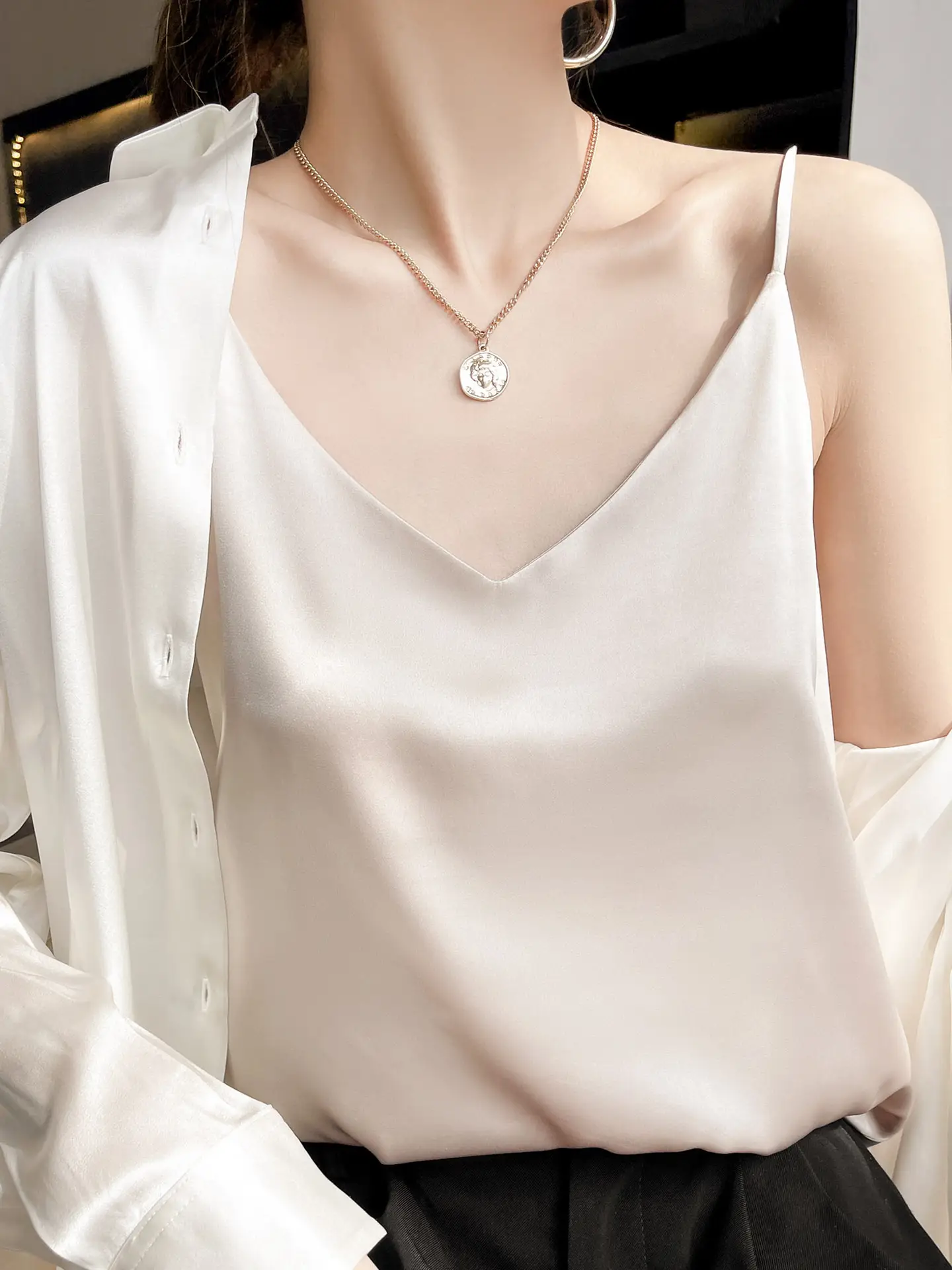 Women's White Satin V-Neck Camisole with Silk Bottom - Image 8