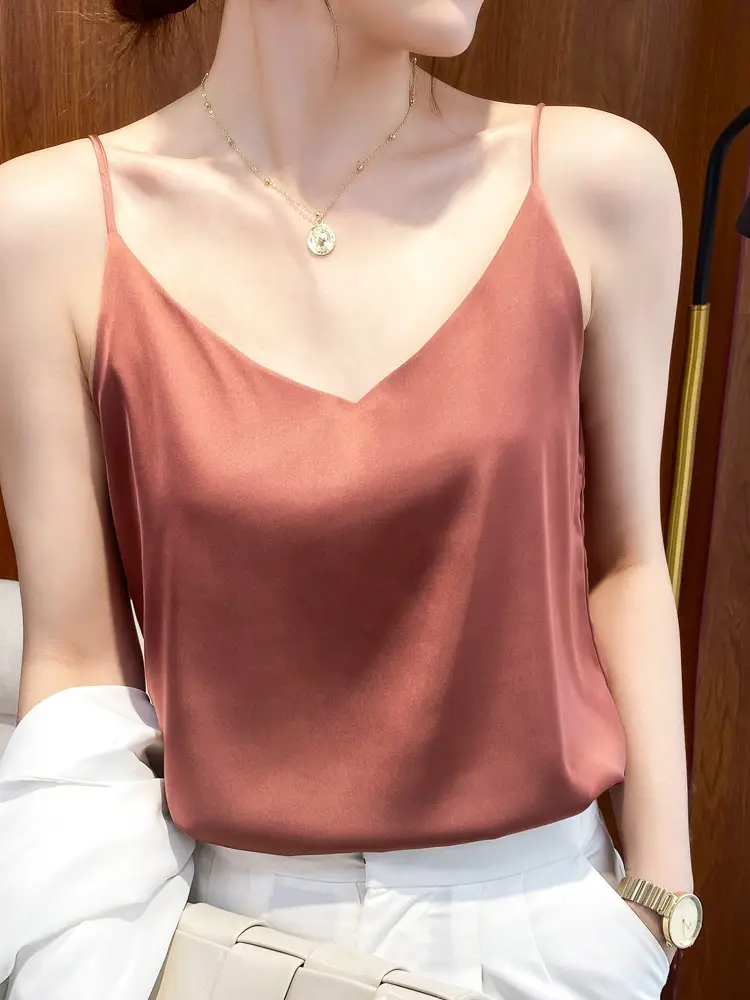 Women's White Satin V-Neck Camisole with Silk Bottom - Image 9