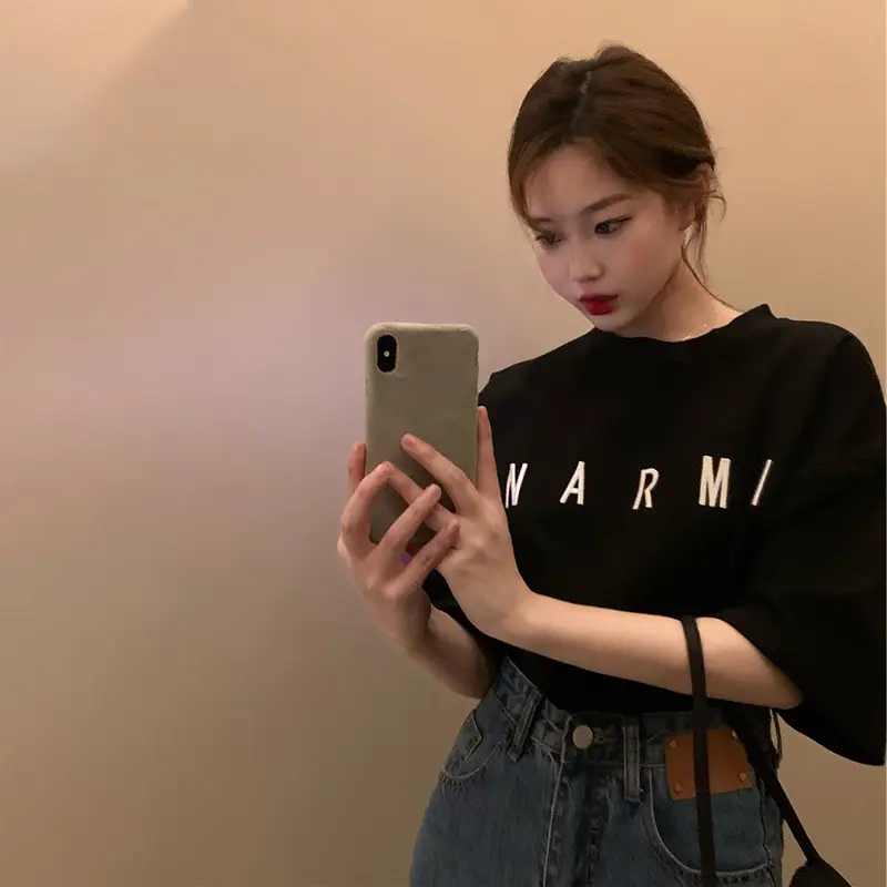 Women Black Letter T-Shirt Mid Length Summer 2025 - Image 5