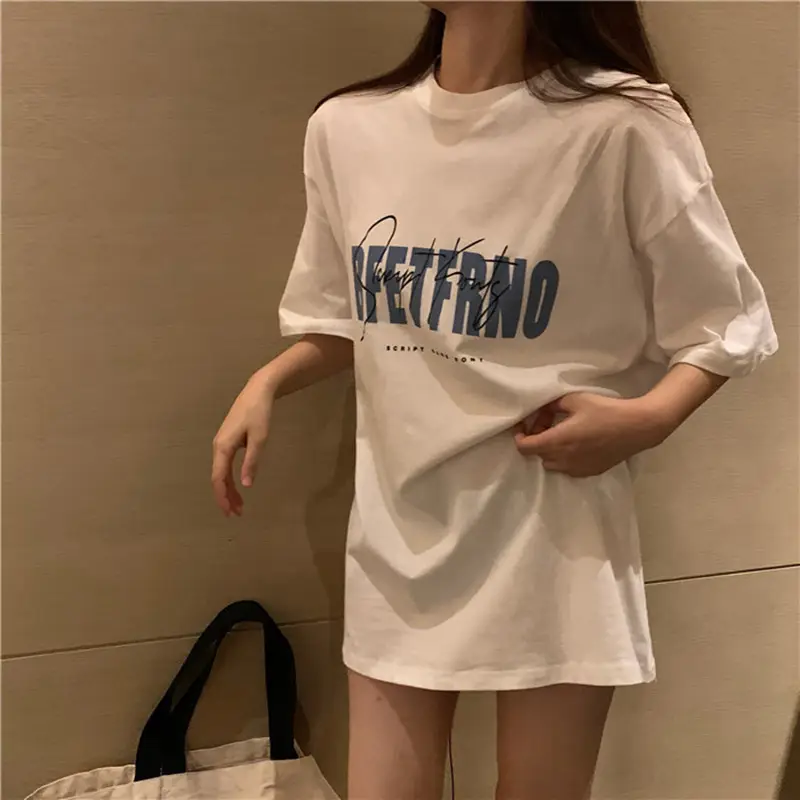 White Korean Print Women T-Shirt Middle Length Spring Summer 2025 - Image 11