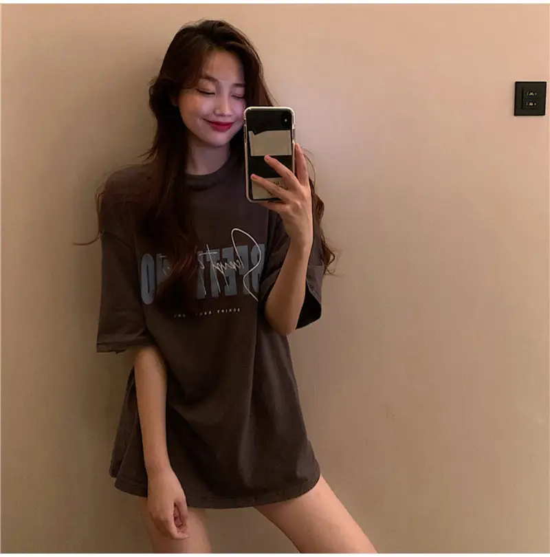 White Korean Print Women T-Shirt Middle Length Spring Summer 2025 — feature 14