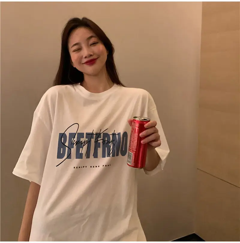 White Korean Print Women T-Shirt Middle Length Spring Summer 2025 — feature 4