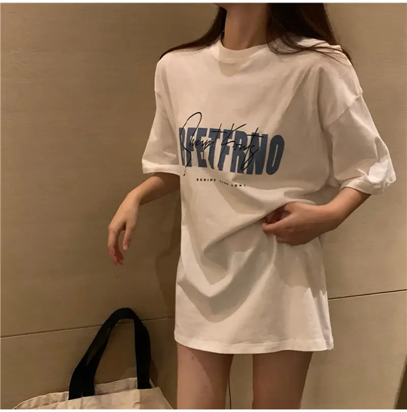 White Korean Print Women T-Shirt Middle Length Spring Summer 2025 — feature 5