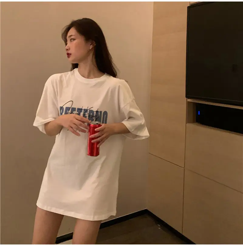 White Korean Print Women T-Shirt Middle Length Spring Summer 2025 — feature 6
