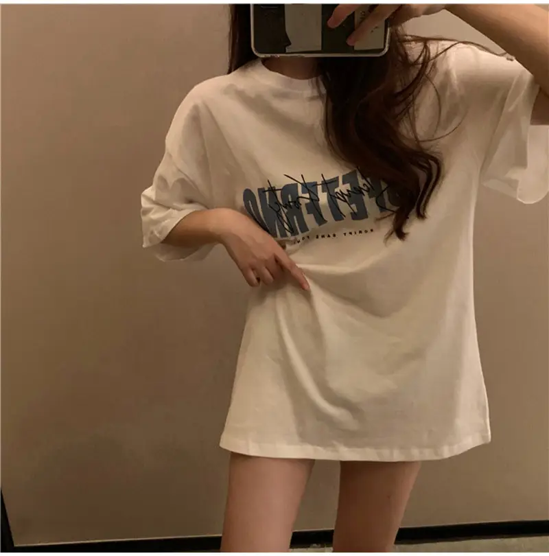 White Korean Print Women T-Shirt Middle Length Spring Summer 2025 — feature 7