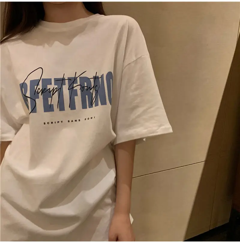 White Korean Print Women T-Shirt Middle Length Spring Summer 2025 — feature 8