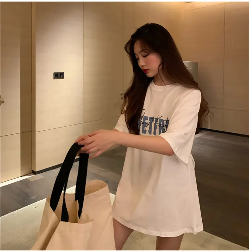 White Korean Print Women T-Shirt Middle Length Spring Summer 2025 — feature 9