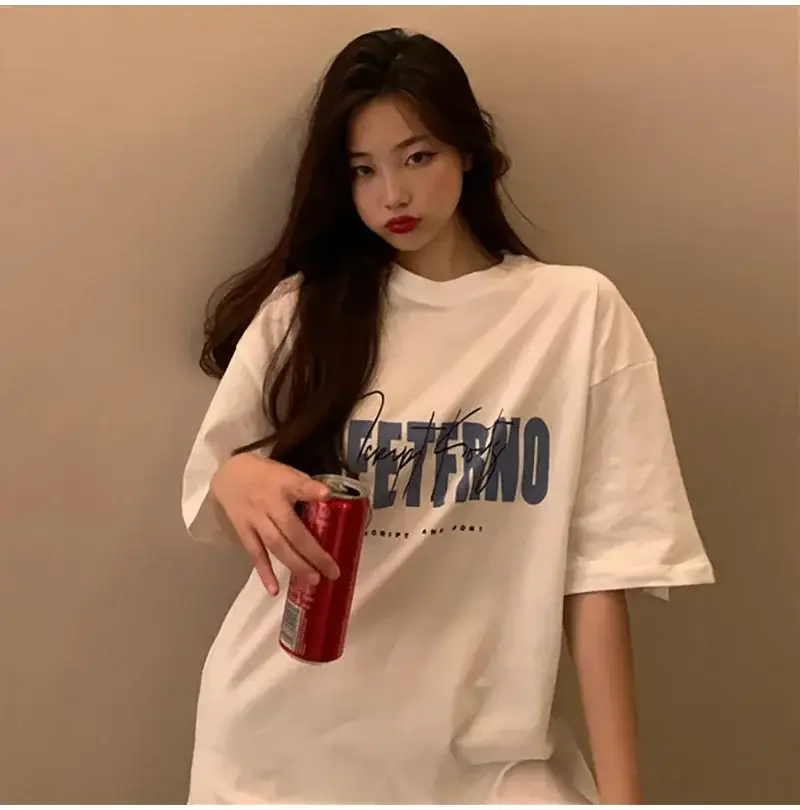 White Korean Print Women T-Shirt Middle Length Spring Summer 2025 - Image 4