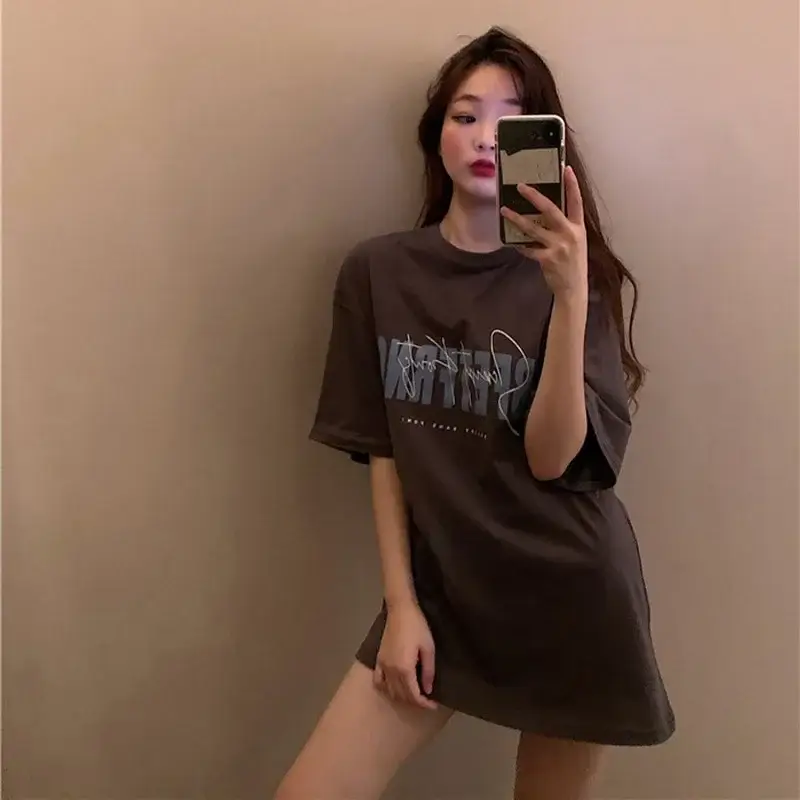 White Korean Print Women T-Shirt Middle Length Spring Summer 2025 - Image 7