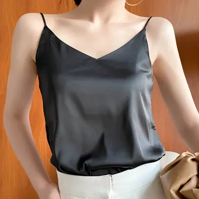 Black V-Neck Acetate Silk Camisole Large