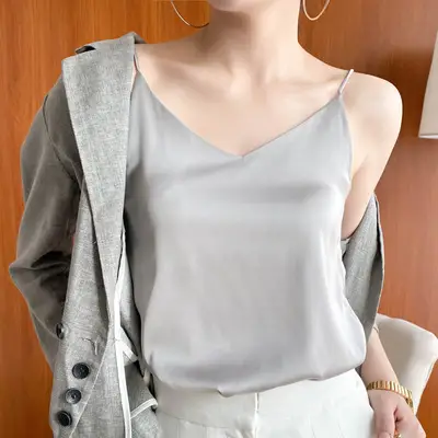 Black V-Neck Acetate Silk Camisole Large