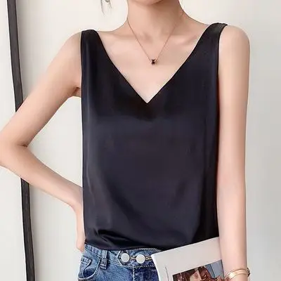 Black V-Neck Acetate Silk Camisole Large