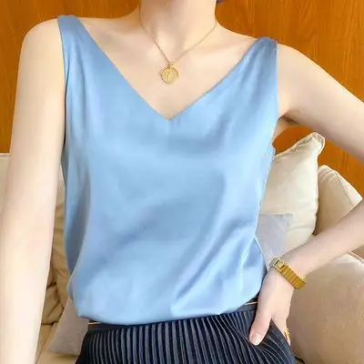 Black V-Neck Acetate Silk Camisole Large