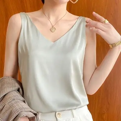 Black V-Neck Acetate Silk Camisole Large