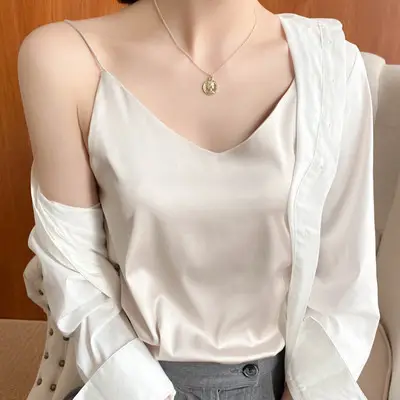 Black V-Neck Acetate Silk Camisole Large