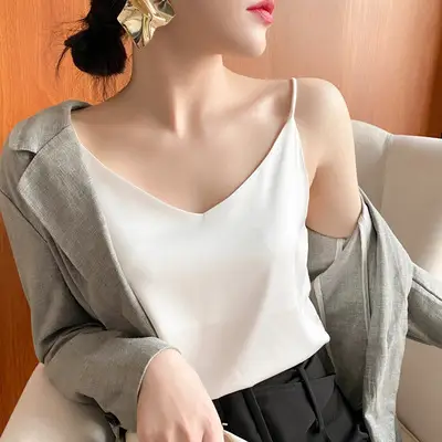 Black V-Neck Acetate Silk Camisole Large