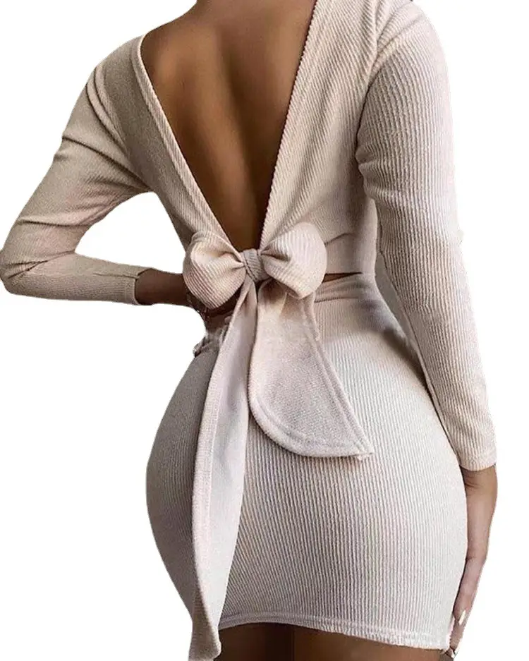 White Bow Backless Long Sleeve Mini Dress - Image 7