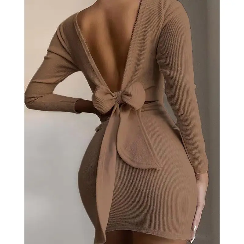 White Bow Backless Long Sleeve Mini Dress - Image 8