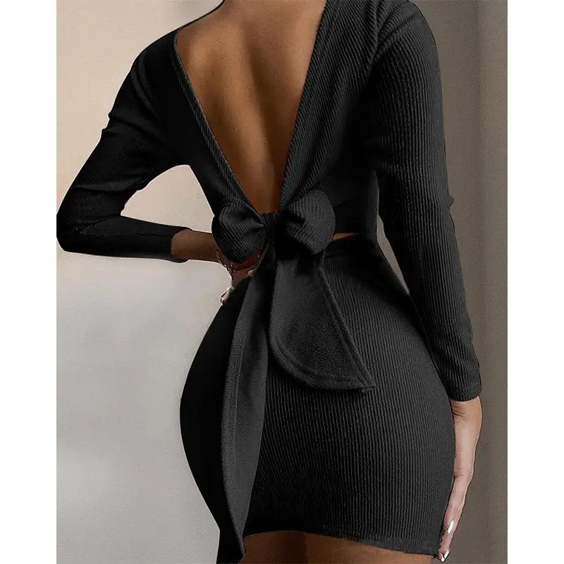 White Bow Backless Long Sleeve Mini Dress - Image 9