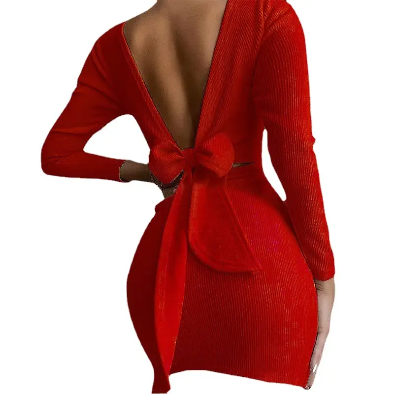 White Bow Backless Long Sleeve Mini Dress - Image 10