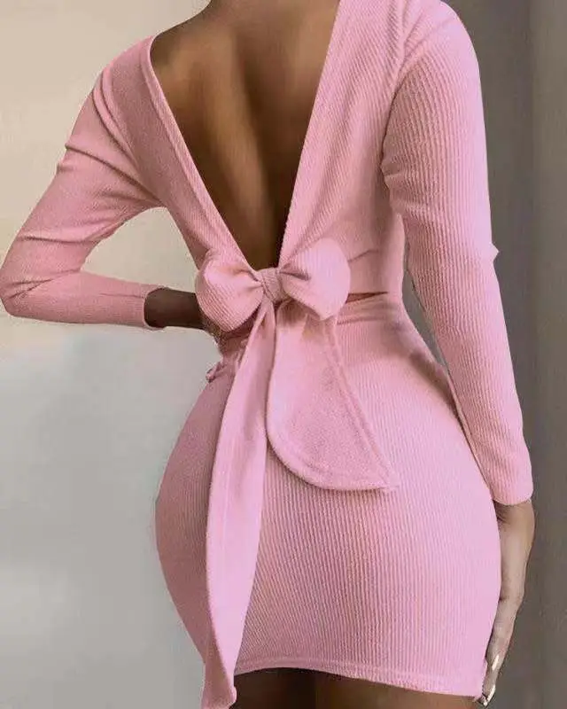 White Bow Backless Long Sleeve Mini Dress - Image 2