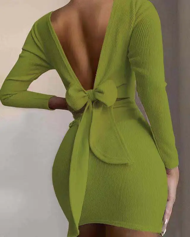 White Bow Backless Long Sleeve Mini Dress - Image 3