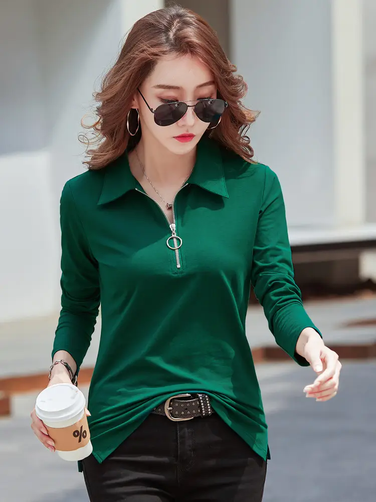 Women Korean Style White Cotton Polo Shirt Long Sleeve Slim Fit