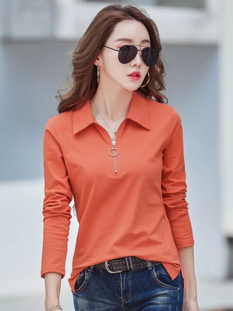 Women Korean Style White Cotton Polo Shirt Long Sleeve Slim Fit