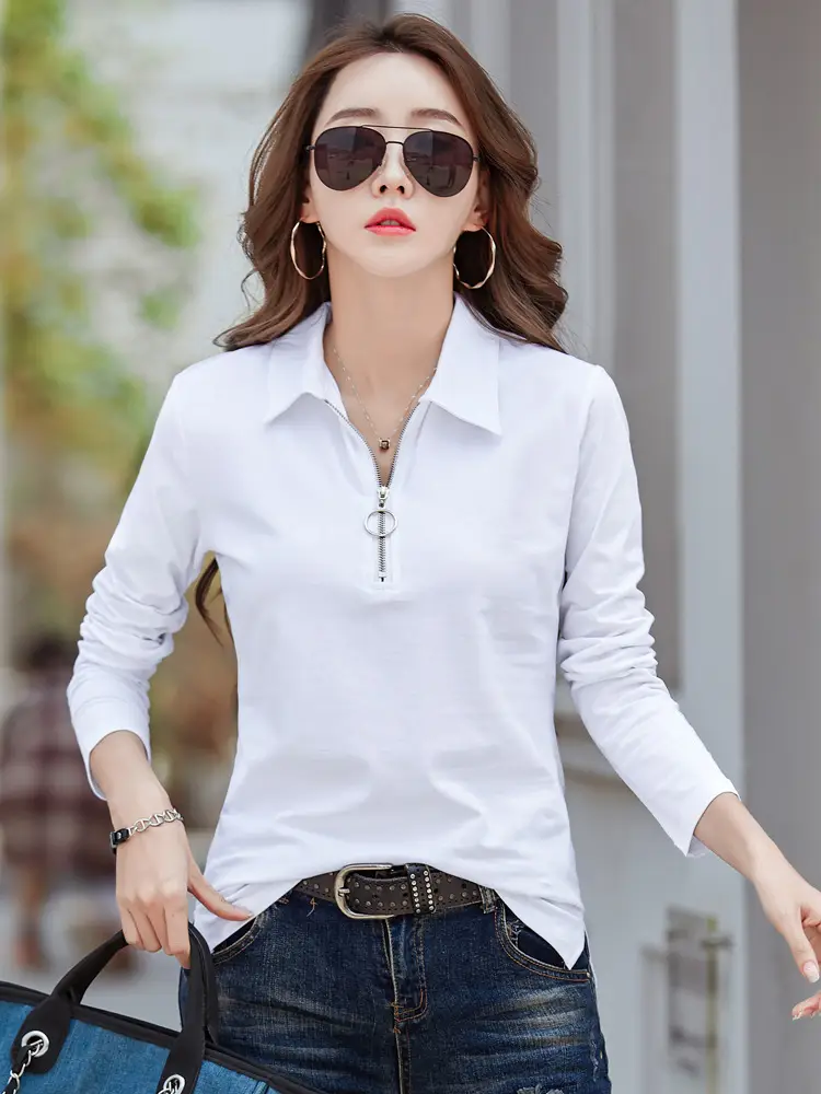 Women Korean Style White Cotton Polo Shirt Long Sleeve Slim Fit